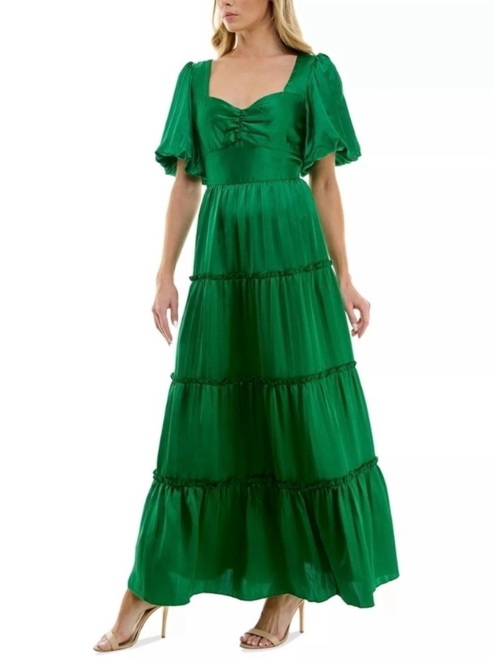 Crystal Doll Puffed Sleeve Crinkle Satin Maxi Emerald Green Square Neck Dress